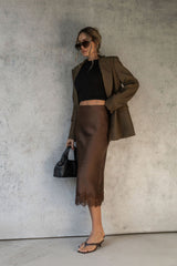 Georgie Satin Lace Midi Skirt - Chocolate