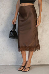 Georgie Satin Lace Midi Skirt - Chocolate