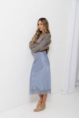 Georgie Satin Lace Midi Skirt - Steel Blue