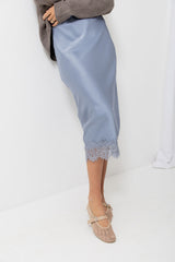Georgie Satin Lace Midi Skirt - Steel Blue