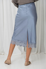 Georgie Satin Lace Midi Skirt - Steel Blue