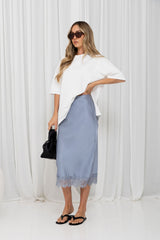 Georgie Satin Lace Midi Skirt - Steel Blue