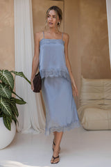 Georgie Satin Lace Midi Skirt - Steel Blue