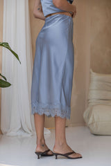 Georgie Satin Lace Midi Skirt - Steel Blue