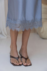 Georgie Satin Lace Midi Skirt - Steel Blue