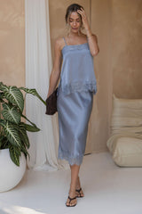 Georgie Satin Lace Midi Skirt - Steel Blue