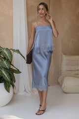 Georgie Satin Lace Midi Skirt - Steel Blue