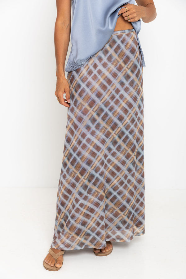 Hunter Plaid Mesh Maxi Skirt - Choc and Blue