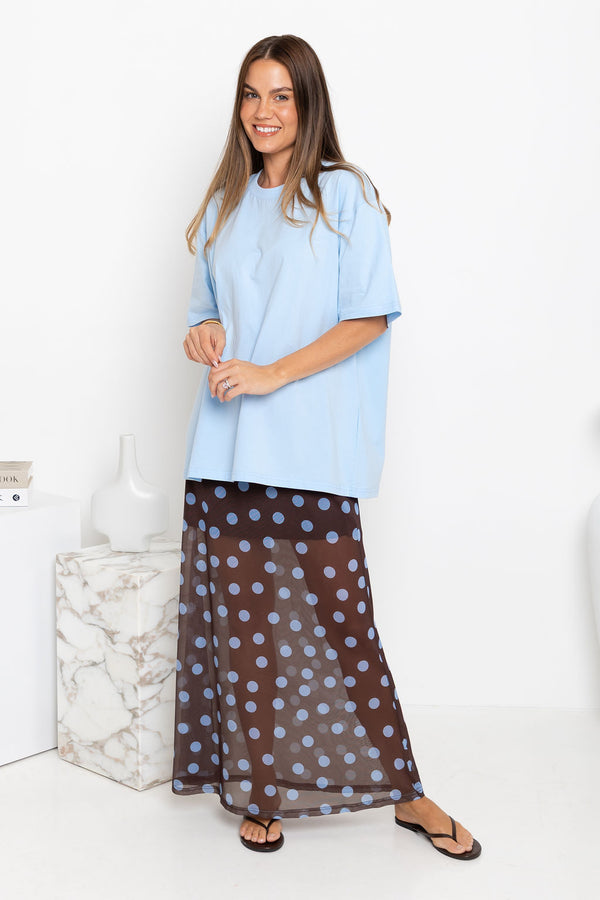 Evie Polka Dot Maxi Skirt - Choc and Blue - The Self Styler