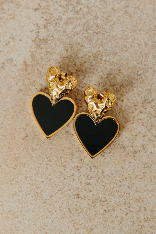 Quinn Black Heart Stud Earrings - Gold - The Self Styler