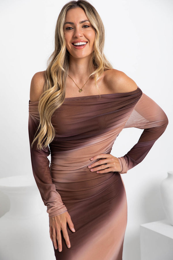 Jahli Off-The-Shoulder Mesh Maxi Dress - Choc Watercolour - The Self Styler