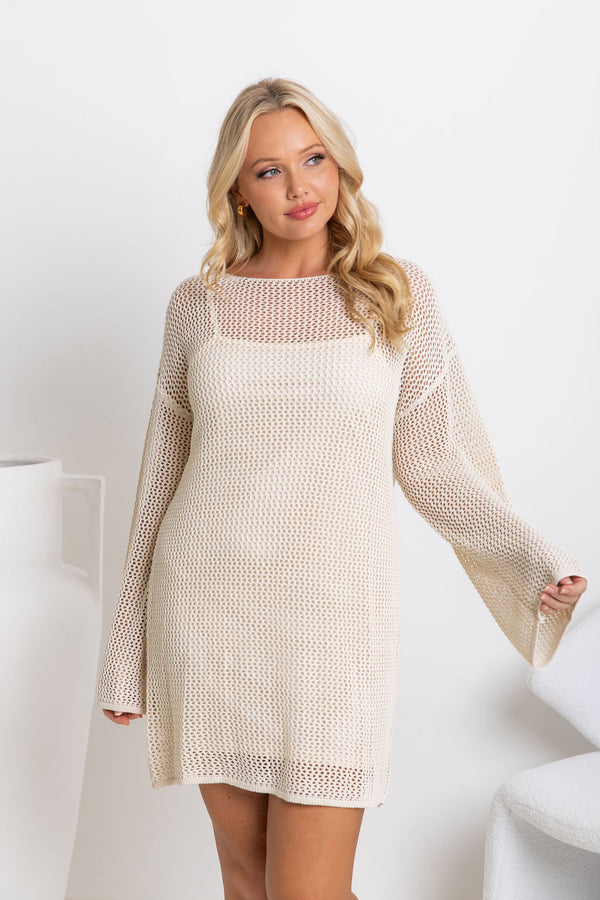 Kyra Crochet Mini Dress - Natural - The Self Styler