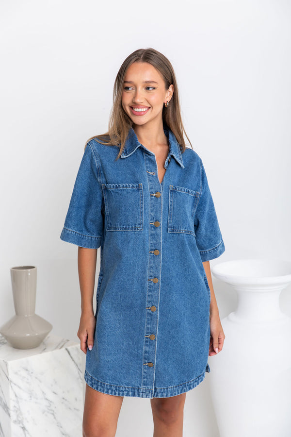 Tallow Relaxed-Fit Denim Mini Dress - Dark Blue Wash - The Self Styler