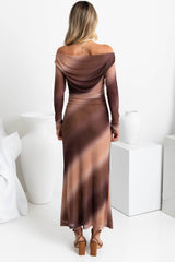 Jahli Off-The-Shoulder Mesh Maxi Dress - Choc Watercolour - The Self Styler