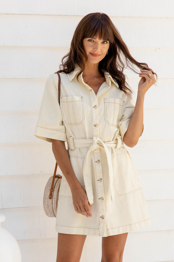 Natasha Denim Mini Dress - Buttercream - The Self Styler - The Self Styler