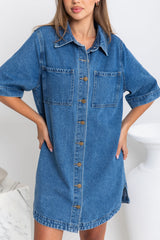 Tallow Relaxed-Fit Denim Mini Dress - Dark Blue Wash - The Self Styler