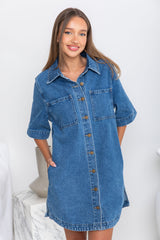 Tallow Relaxed-Fit Denim Mini Dress - Dark Blue Wash - The Self Styler