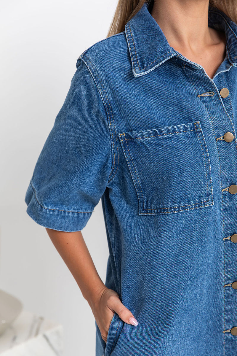 Tallow Relaxed-Fit Denim Mini Dress - Dark Blue Wash - The Self Styler