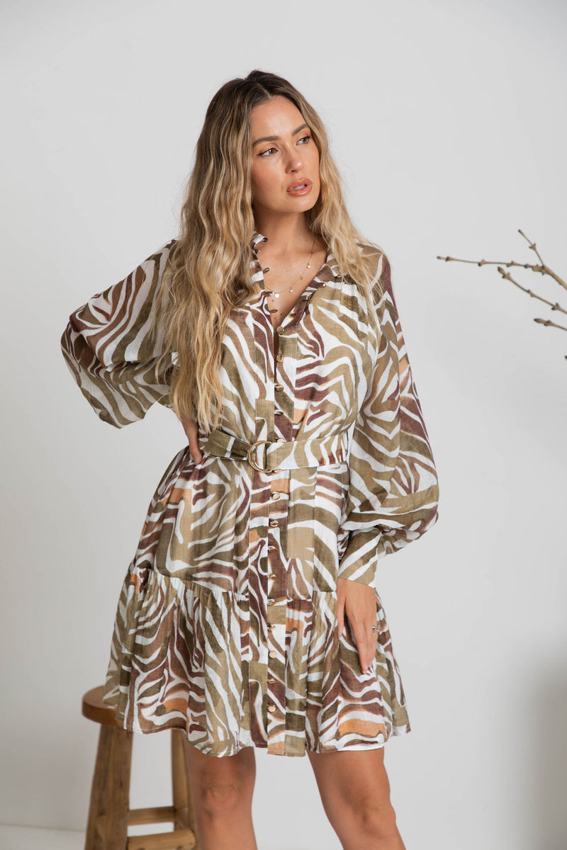 Khalia Mini Dress - Khaki Zebra Print - The Self Styler