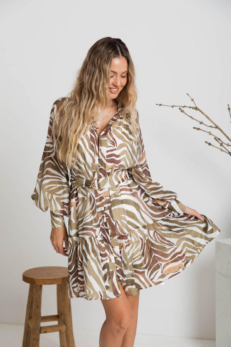 Khalia Mini Dress - Khaki Zebra Print - The Self Styler