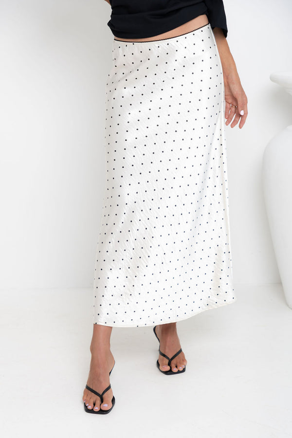 Vienna Satin Midi Skirt - Ivory / Black Polka Dots
