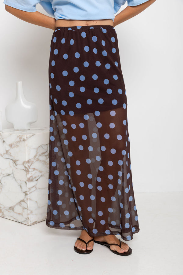 Evie Polka Dot Maxi Skirt - Choc and Blue - The Self Styler