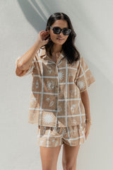 Teasha Cotton Shirt - Beach Soleil Print - Tan and White - The Self Styler