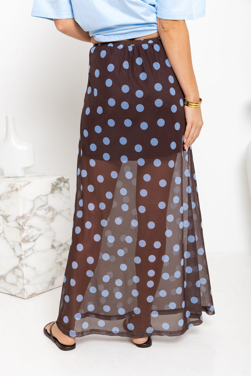 Evie Polka Dot Maxi Skirt - Choc and Blue - The Self Styler