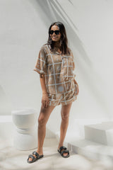 Zali Shorts - Beach Soleil Print - Tan and White - The Self Styler