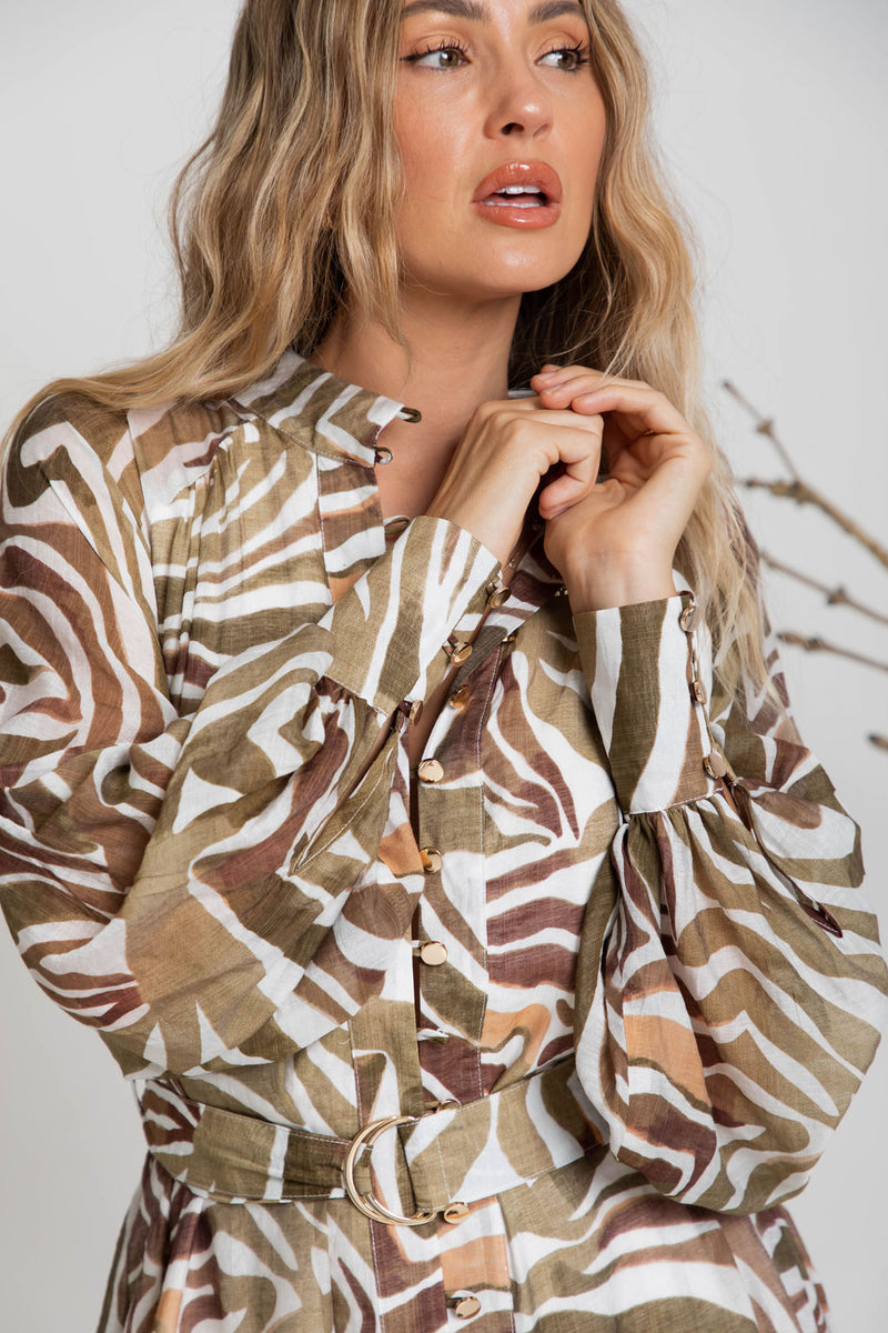 Khalia Mini Dress - Khaki Zebra Print - The Self Styler