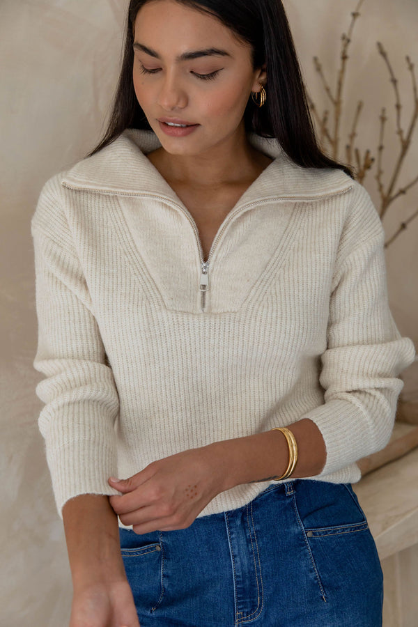 Paige Quarter Zip Wool Knit - Cream Marle - The Self Styler