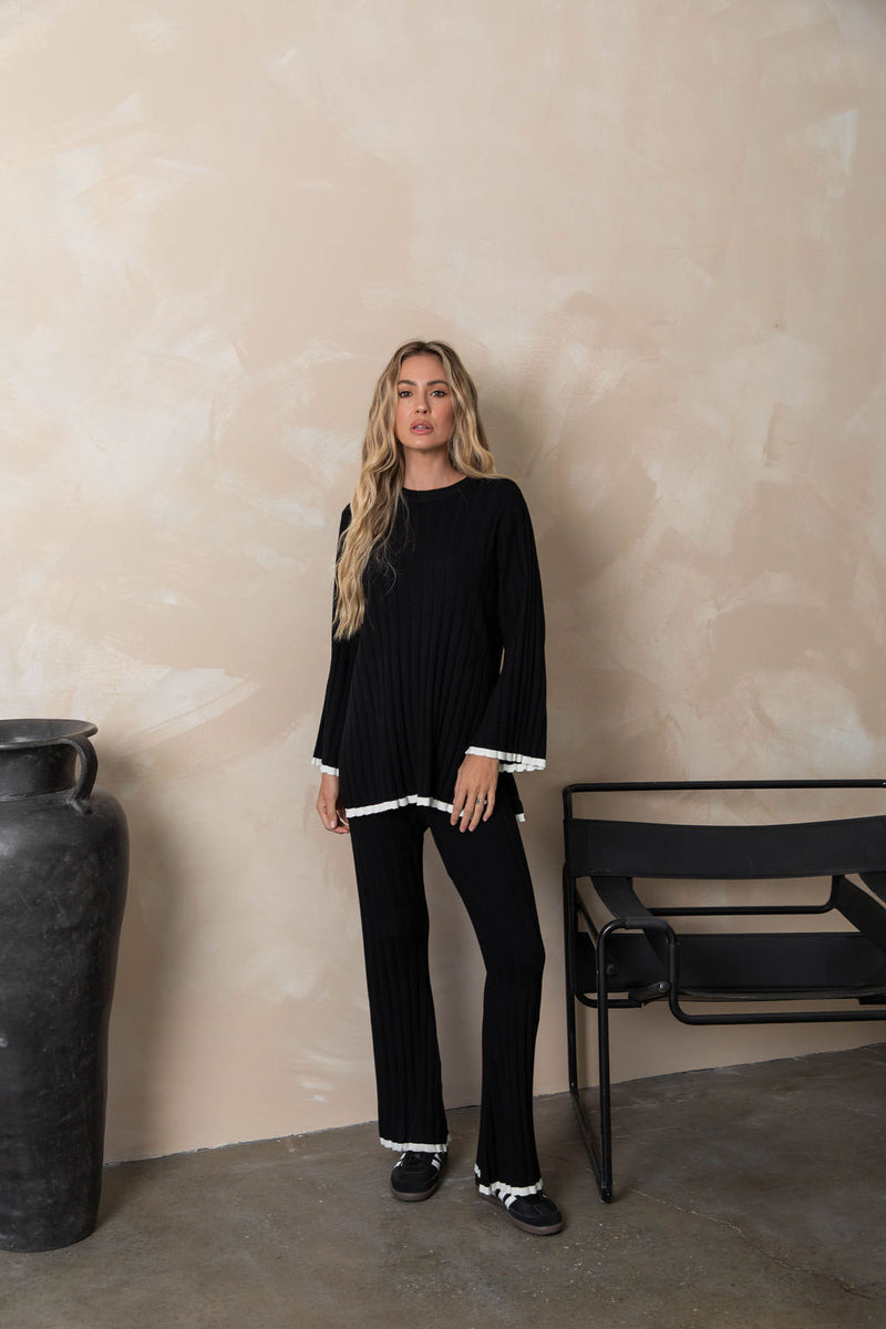 Penelope Knit Pant - Black With Ivory Trim - The Self Styler