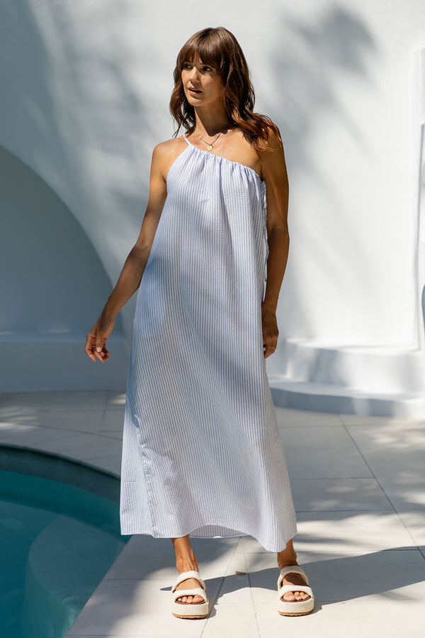 Clara One-Shoulder Maxi Dress - White and Blue Stripe - The Self Styler