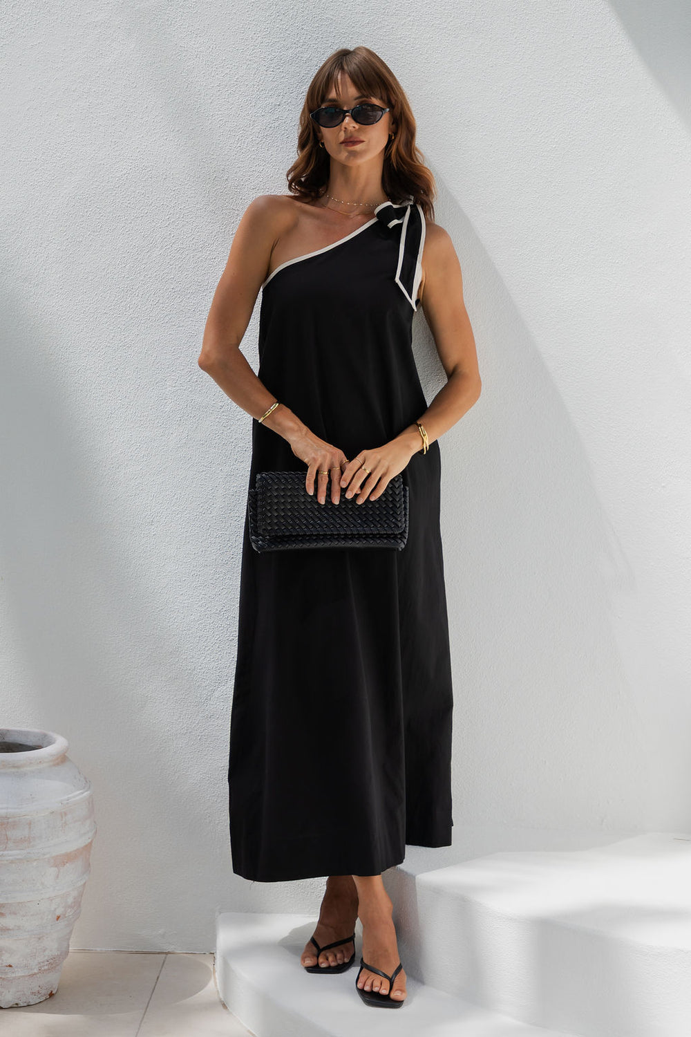 black applique detail one shoulder cut out maxi dress Lucinda One-Shoulder Maxi Dress