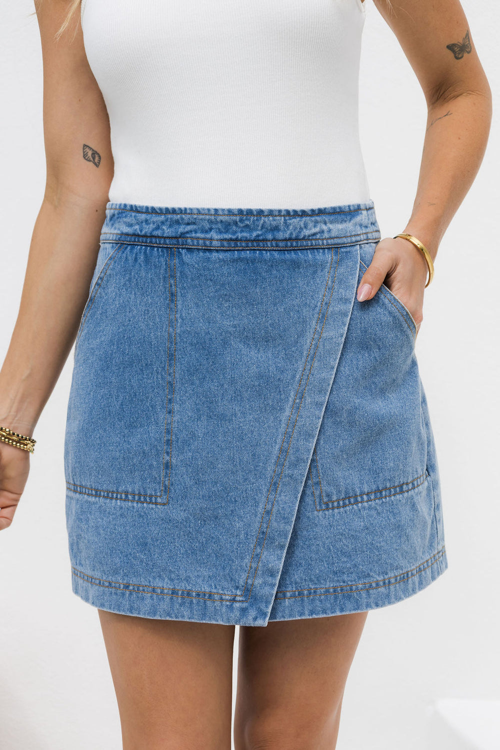 ●Sienne● Washed Denim Skirt Blue 10182520001 Sienna Denim Mini Skirt - Mid Wash Blue – The Self Styler