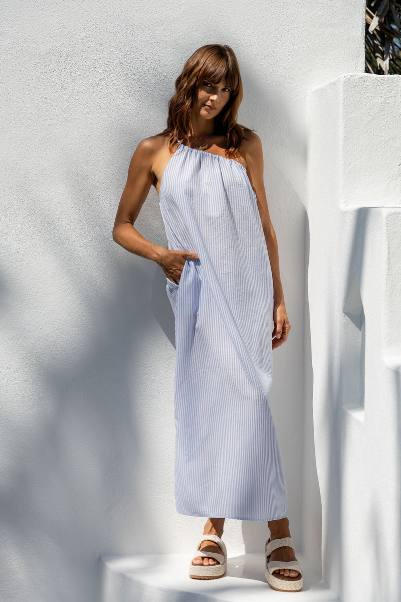 Clara One-Shoulder Maxi Dress - White and Blue Stripe - The Self Styler