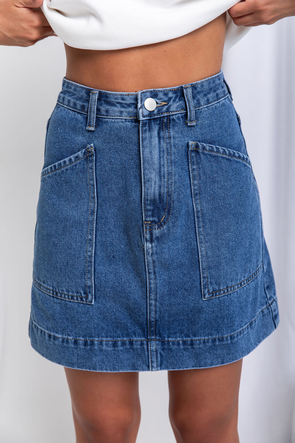 【BOK PLACE】Catbrush Washing H Line Mini Denim SK Heidi Denim Mini Skirt - Dark Blue Wash - The Self Styler