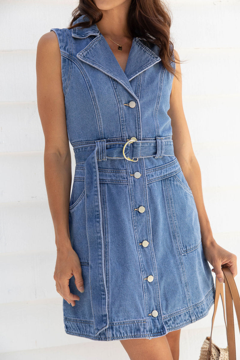 Giselle Denim Dress - Mid Blue Wash - The Self Styler - The Self Styler