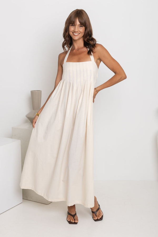 Billie Pleated Halter Maxi Dress - Cream