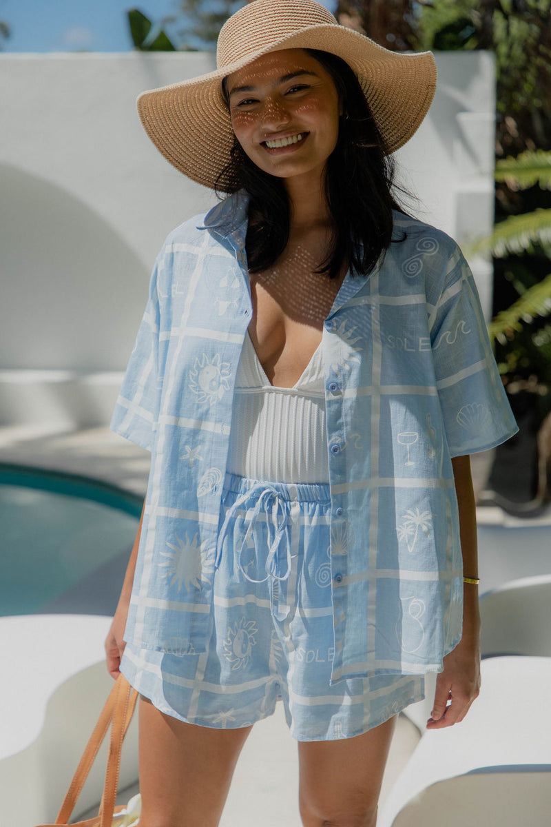 Teasha Cotton Shirt - Beach Soleil Print - Blue and White - The Self Styler