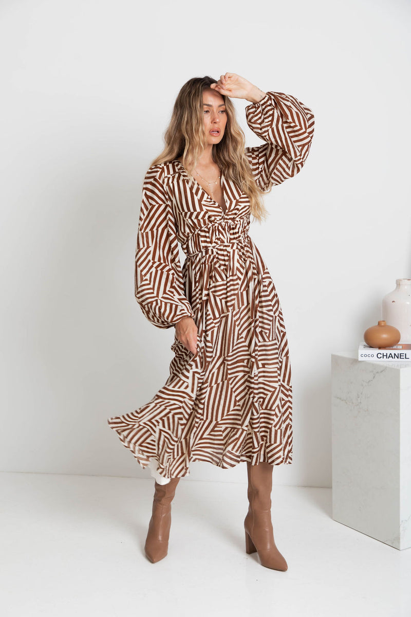 Solana Midi Dress - Abstract Choc Print - The Self Styler