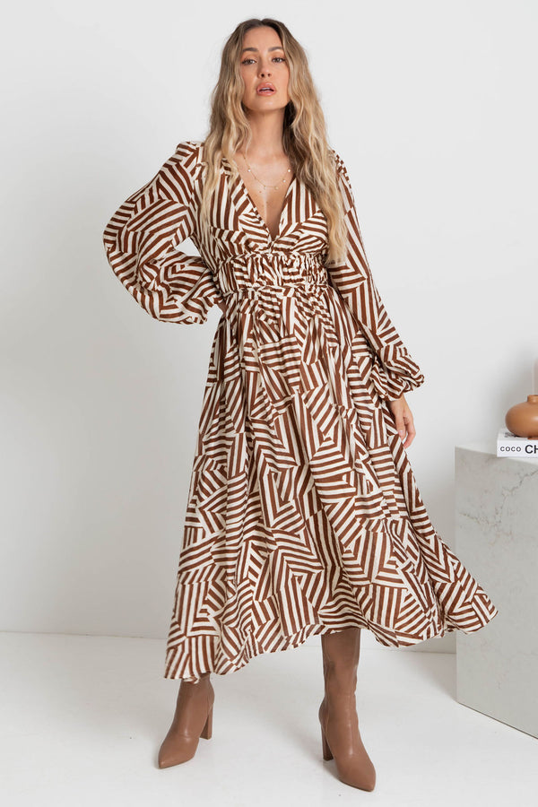 Solana Midi Dress - Abstract Choc Print - The Self Styler