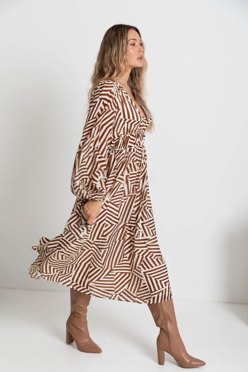 Solana Midi Dress - Abstract Choc Print - The Self Styler