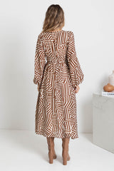 Solana Midi Dress - Abstract Choc Print - The Self Styler