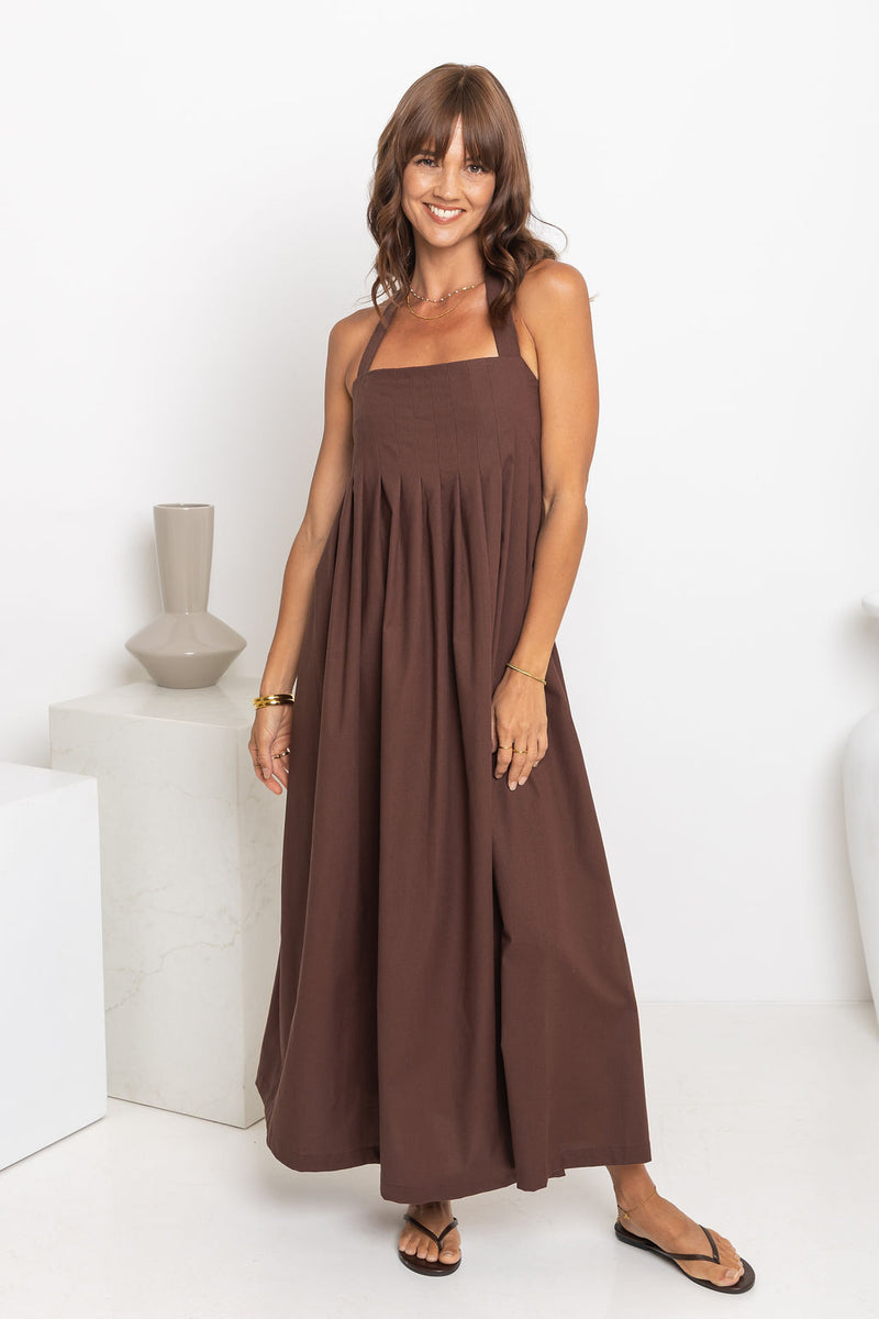Billie Pleated Halter Maxi Dress - Chocolate The Self Styler Billie Pleated Halter Maxi Dress - Chocolate The Self Styler