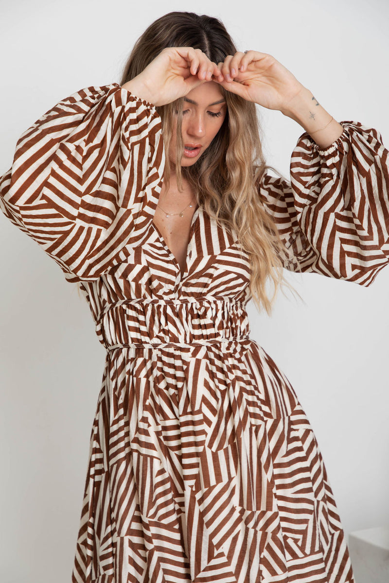 Solana Midi Dress - Abstract Choc Print - The Self Styler