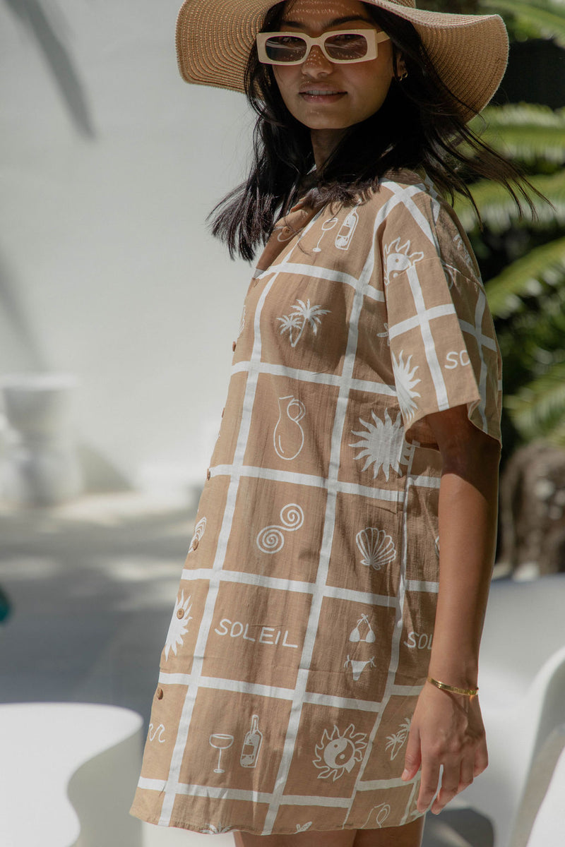 Kristin Shirt Dress - Beach Soleil Print - Tan and White - The Self Styler