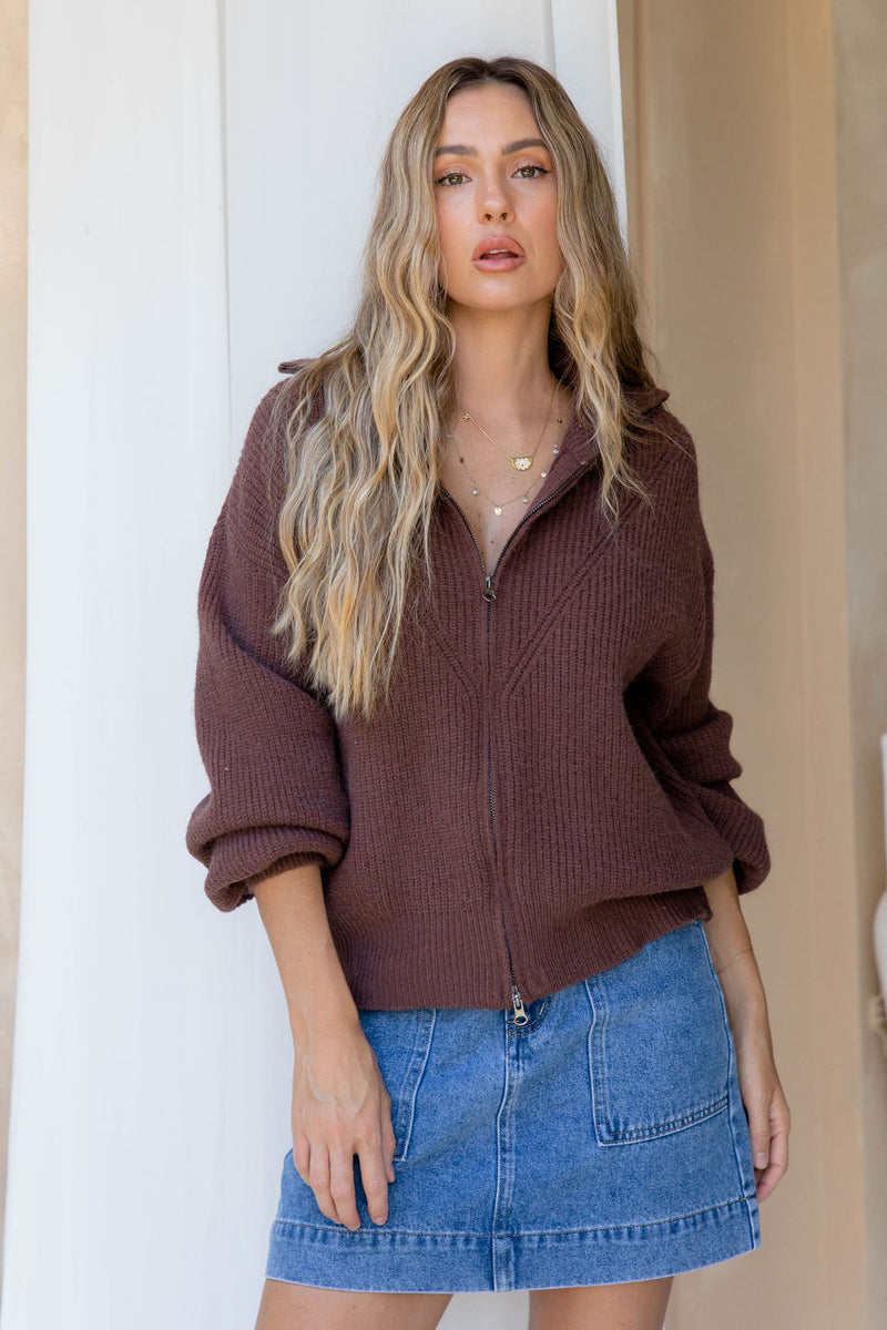 Talia Double Zip Knit - Choc Brown - The Self Styler
