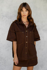 Juno Oversized Denim Shirt - Espresso - The Self Styler