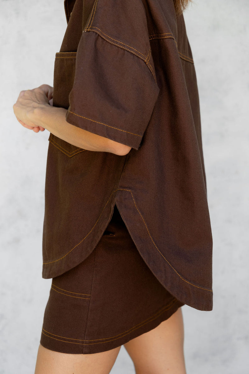 Juno Oversized Denim Shirt - Espresso - The Self Styler